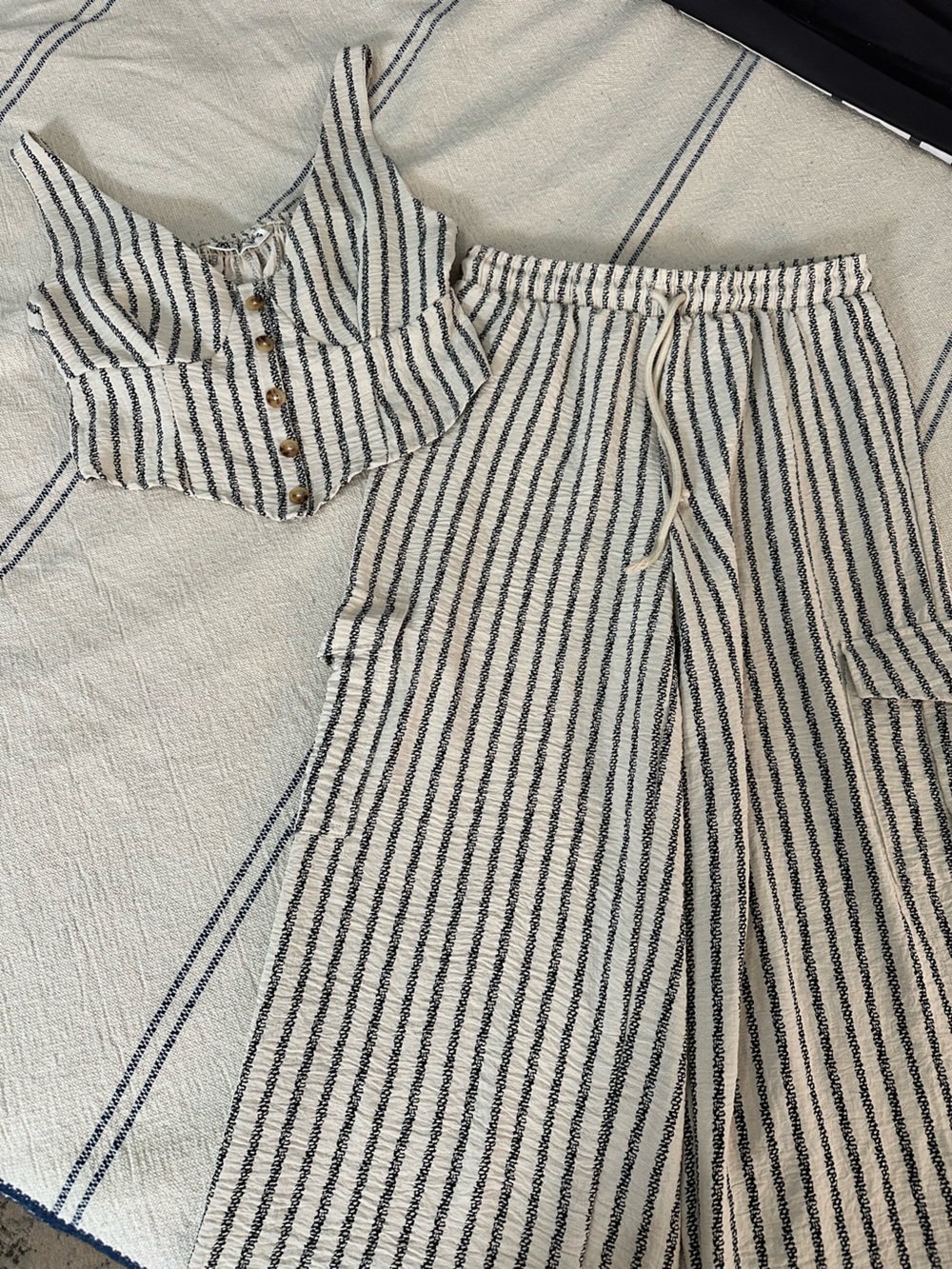 “No Boundaries” Cream and Black Striped Button Crop Top & Pants SET